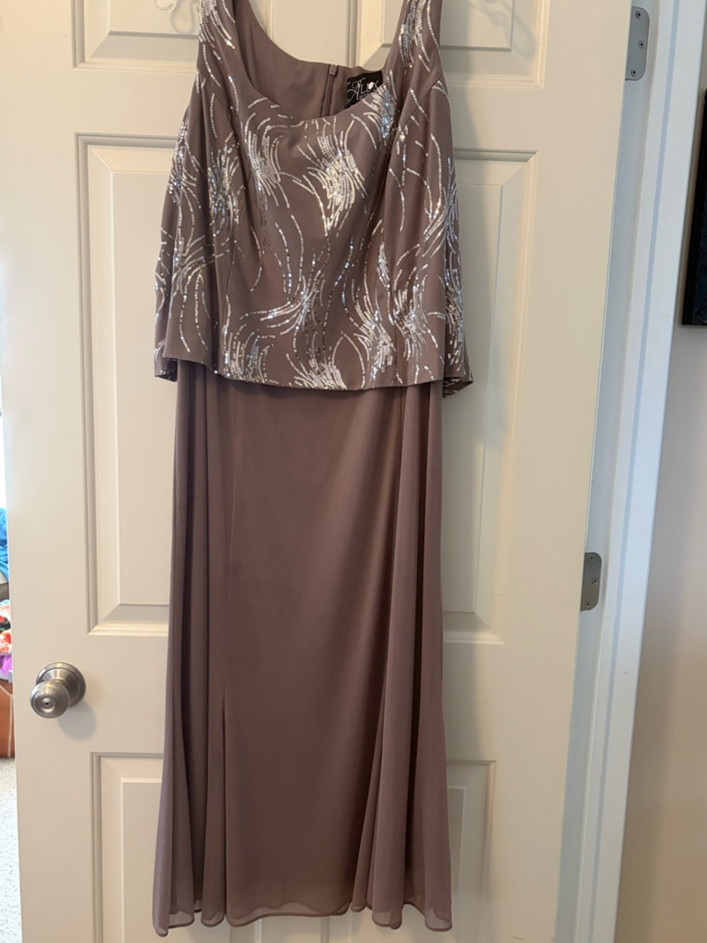 Silver Sequin Detail Taupe Evening Dress